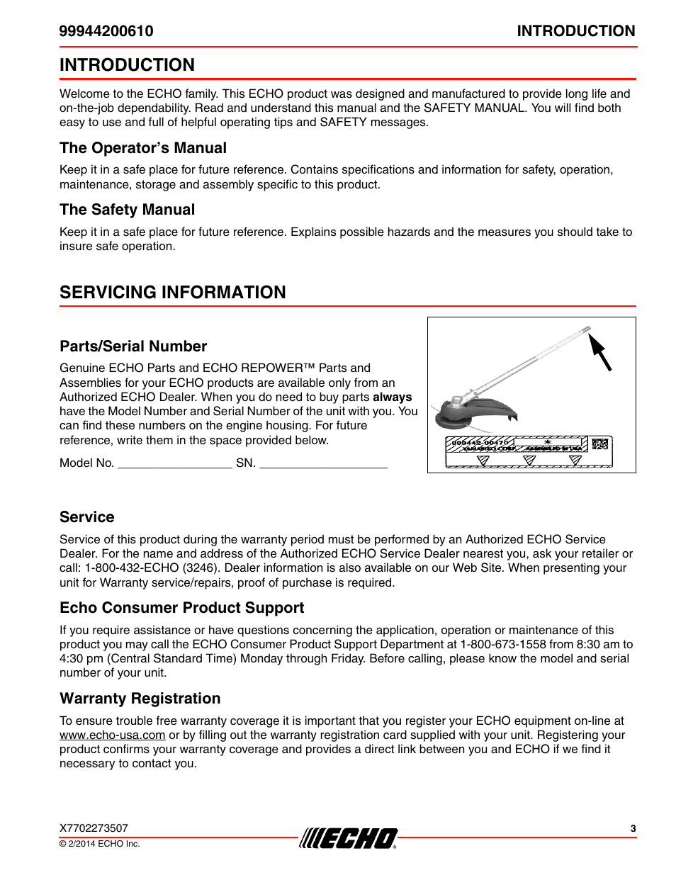 Introduction, The operator’s manual, The safety manual | Servicing information, Parts/serial number, Service, Echo consumer product support, Warranty registration, The operator’s manual the safety manual | Echo 99944200610 User Manual | Page 3 / 24