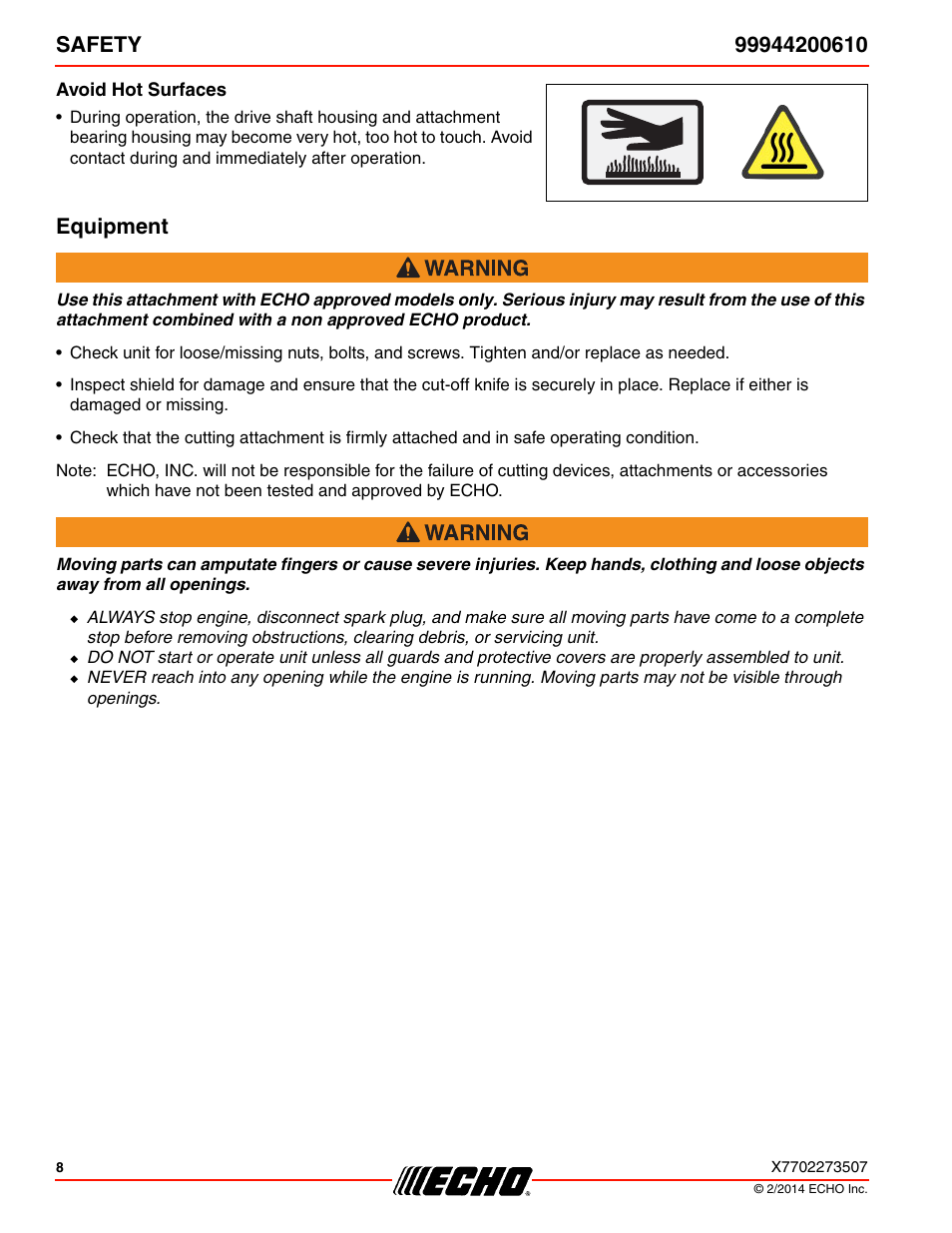 Avoid hot surfaces, Equipment | Echo 99944200610 User Manual | Page 8 / 24