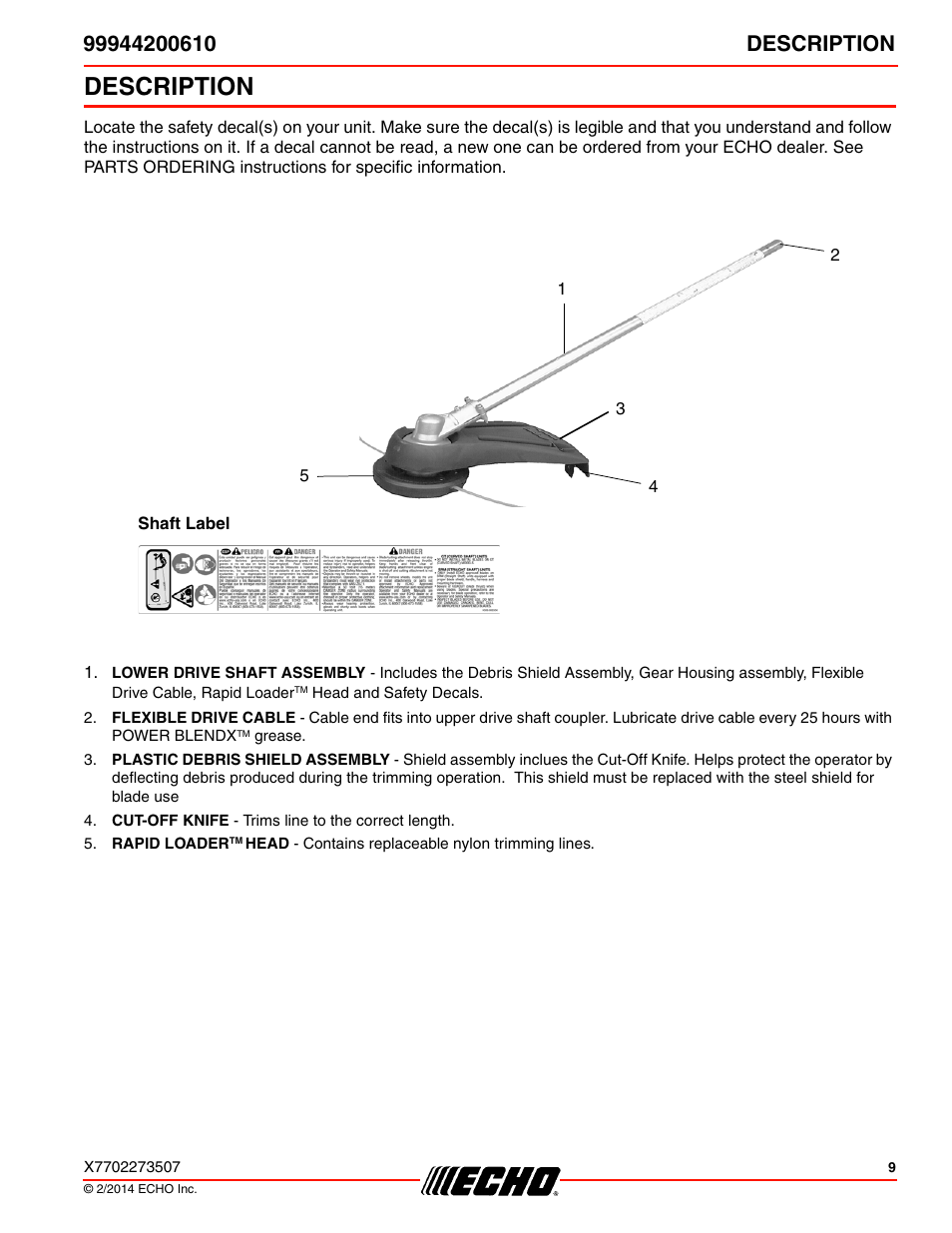 Description | Echo 99944200610 User Manual | Page 9 / 24