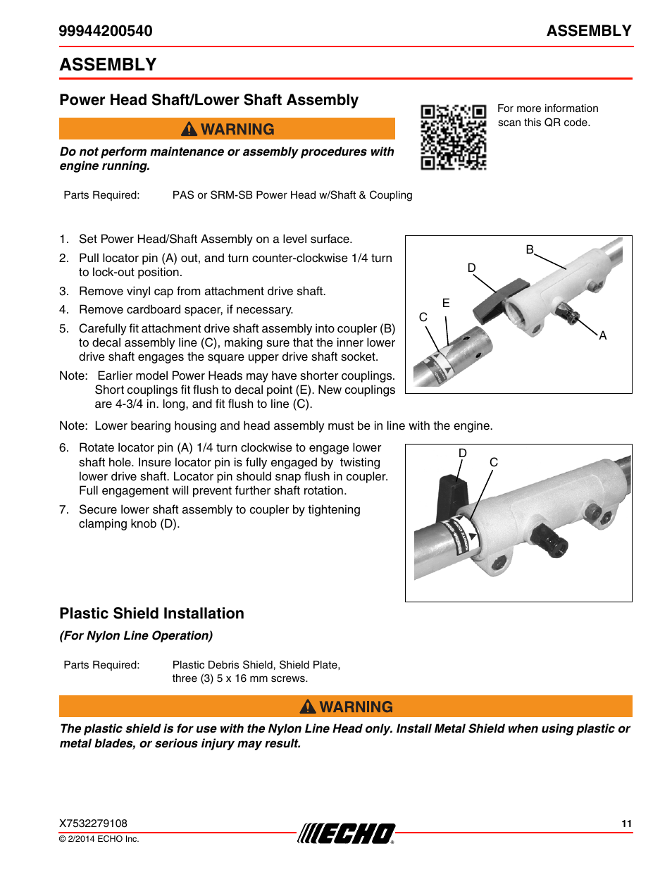 Assembly, Power head shaft/lower shaft assembly, Plastic shield installation | Echo 99944200540 User Manual | Page 11 / 24