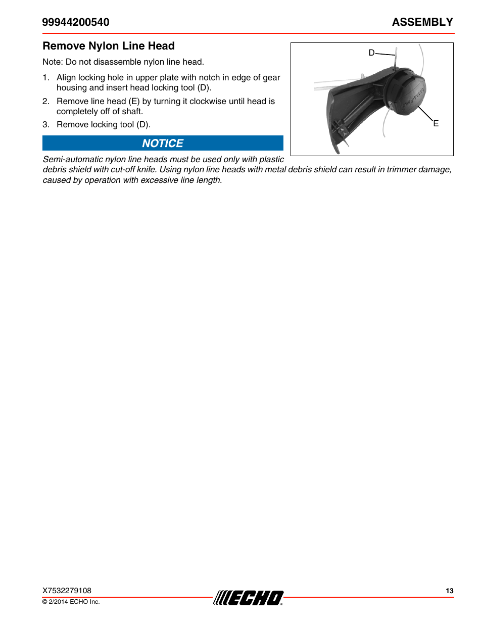 Remove nylon line head | Echo 99944200540 User Manual | Page 13 / 24