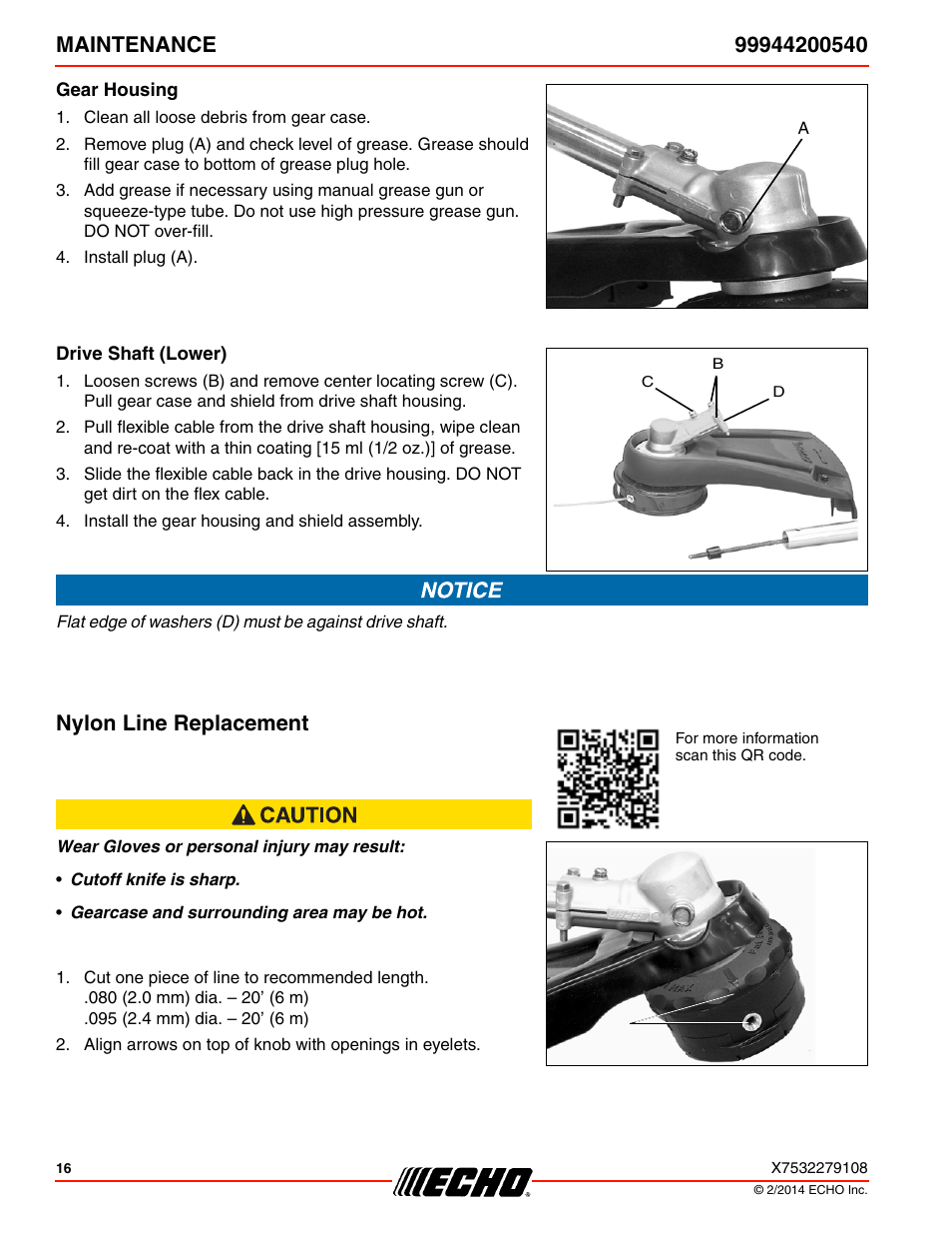 Gear housing, Drive shaft (lower), Nylon line replacement | Echo 99944200540 User Manual | Page 16 / 24