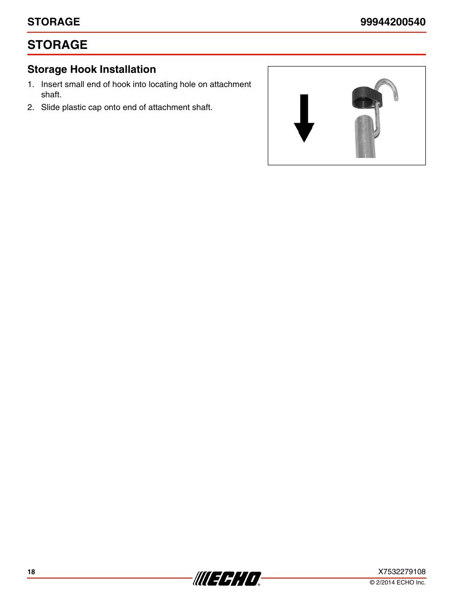 Storage, Storage hook installation | Echo 99944200540 User Manual | Page 18 / 24