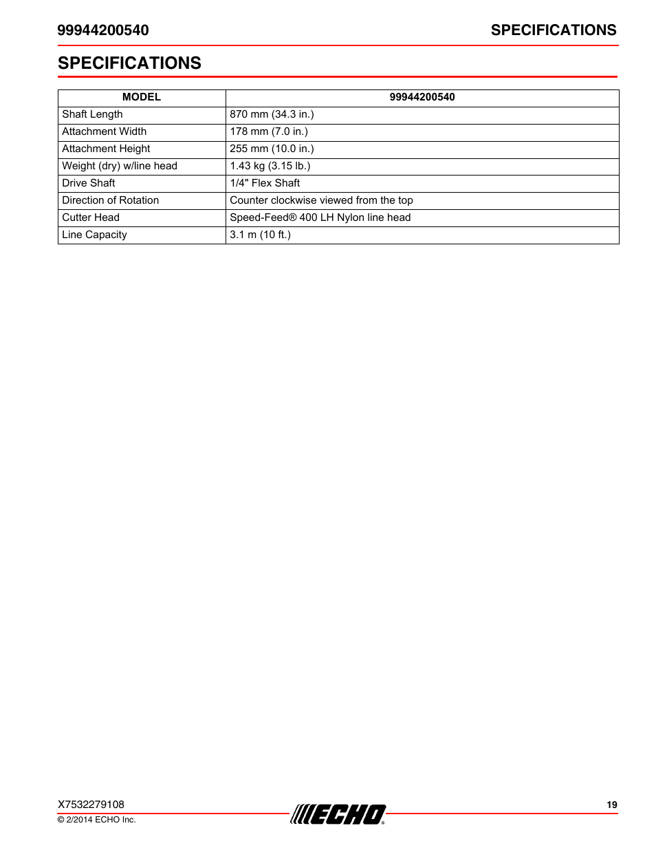 Specifications | Echo 99944200540 User Manual | Page 19 / 24
