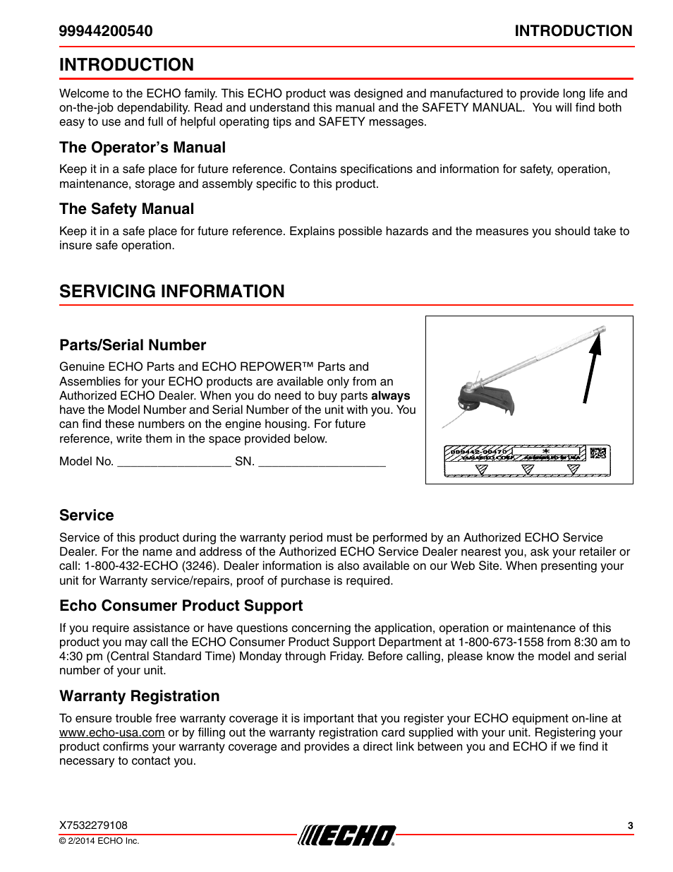 Introduction, The operator’s manual, The safety manual | Servicing information, Parts/serial number, Service, Echo consumer product support, Warranty registration, The operator’s manual the safety manual | Echo 99944200540 User Manual | Page 3 / 24