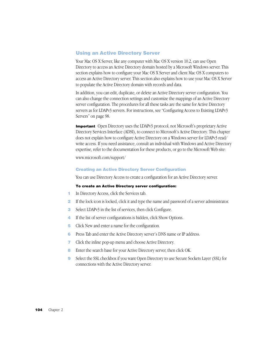 Using an active directory server, Creating an active directory server configuration | Apple Mac OS X Server (Administrator’s Guide) User Manual | Page 104 / 622