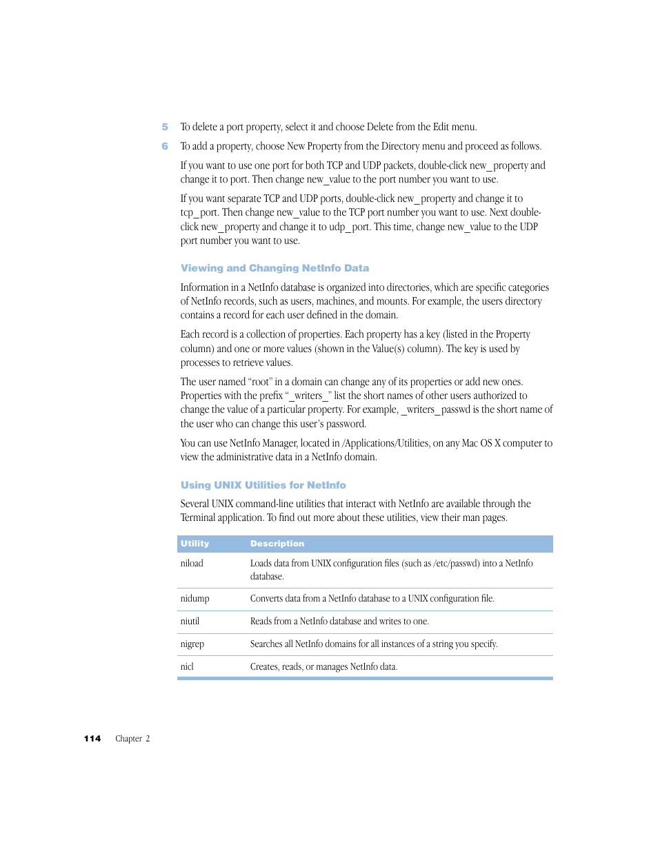 Viewing and changing netinfo data, Using unix utilities for netinfo, Viewing and changing | Apple Mac OS X Server (Administrator’s Guide) User Manual | Page 114 / 622