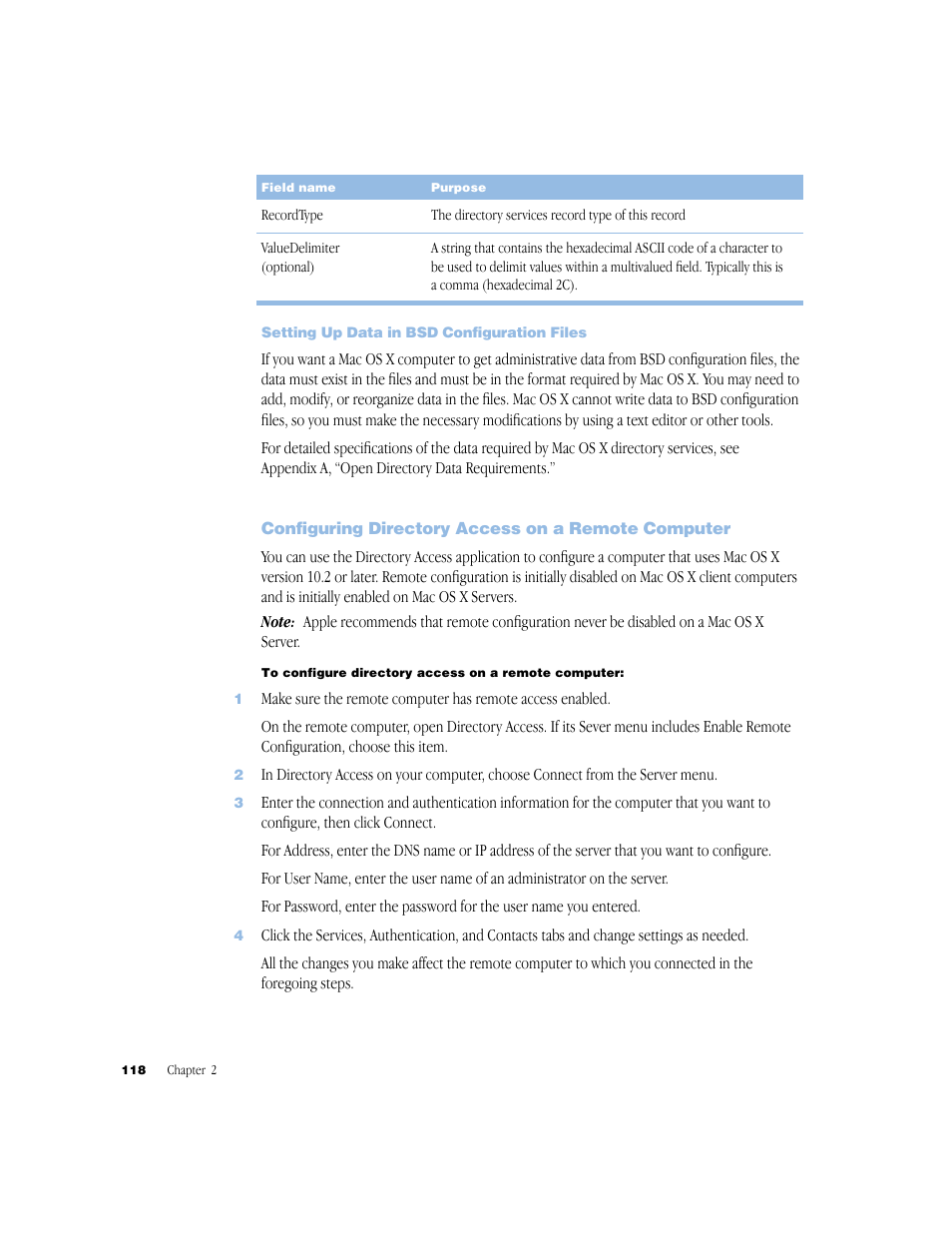 Setting up data in bsd configuration files, Configuring directory access on a remote computer | Apple Mac OS X Server (Administrator’s Guide) User Manual | Page 118 / 622