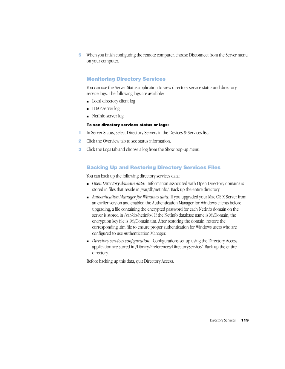 Monitoring directory services, Backing up and restoring directory services files | Apple Mac OS X Server (Administrator’s Guide) User Manual | Page 119 / 622