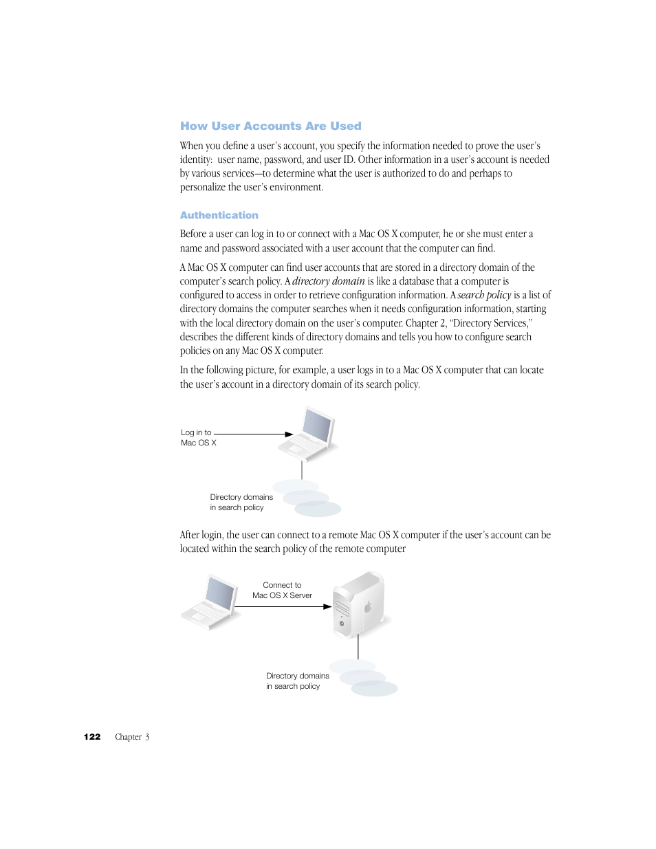 How user accounts are used, Authentication | Apple Mac OS X Server (Administrator’s Guide) User Manual | Page 122 / 622