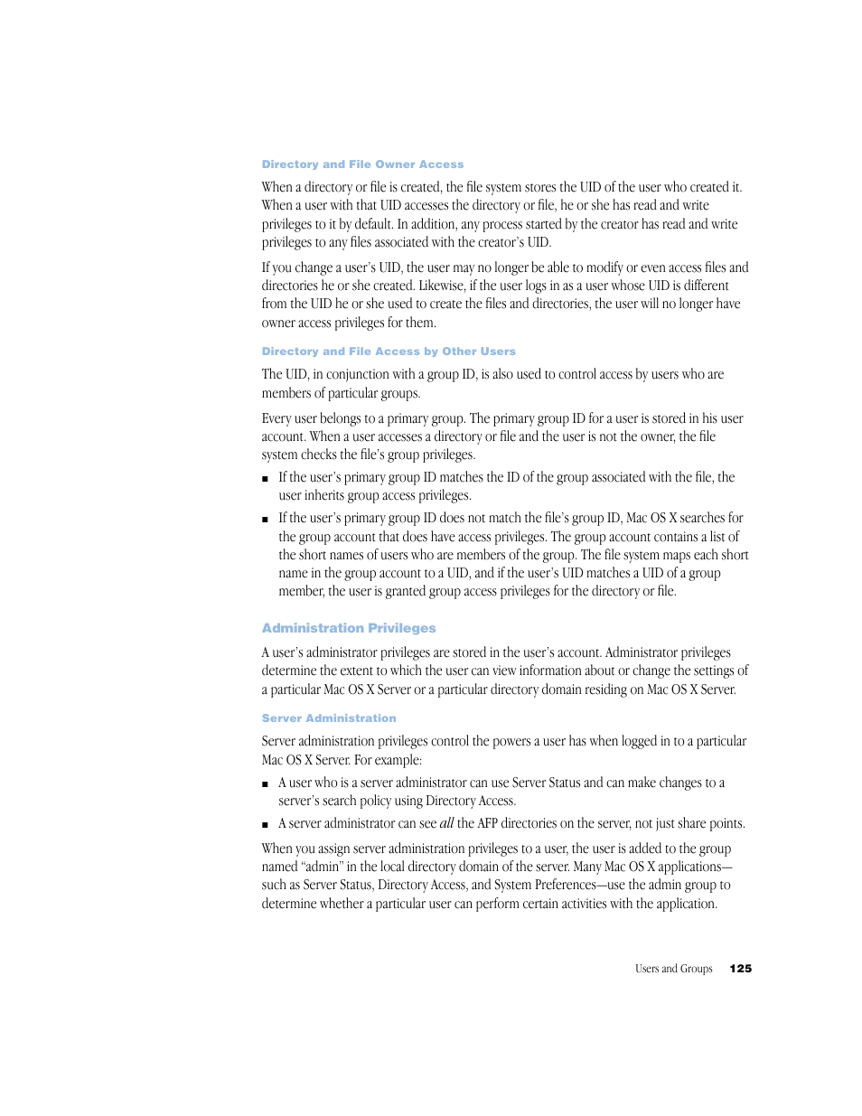 Administration privileges | Apple Mac OS X Server (Administrator’s Guide) User Manual | Page 125 / 622