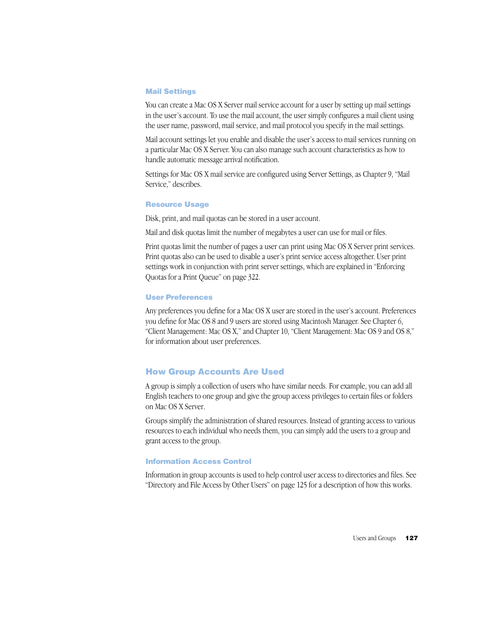 Mail settings, Resource usage, User preferences | How group accounts are used, Information access control | Apple Mac OS X Server (Administrator’s Guide) User Manual | Page 127 / 622