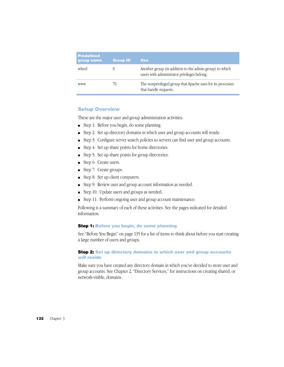 Setup overview, Step 1: before you begin, do some planning | Apple Mac OS X Server (Administrator’s Guide) User Manual | Page 132 / 622