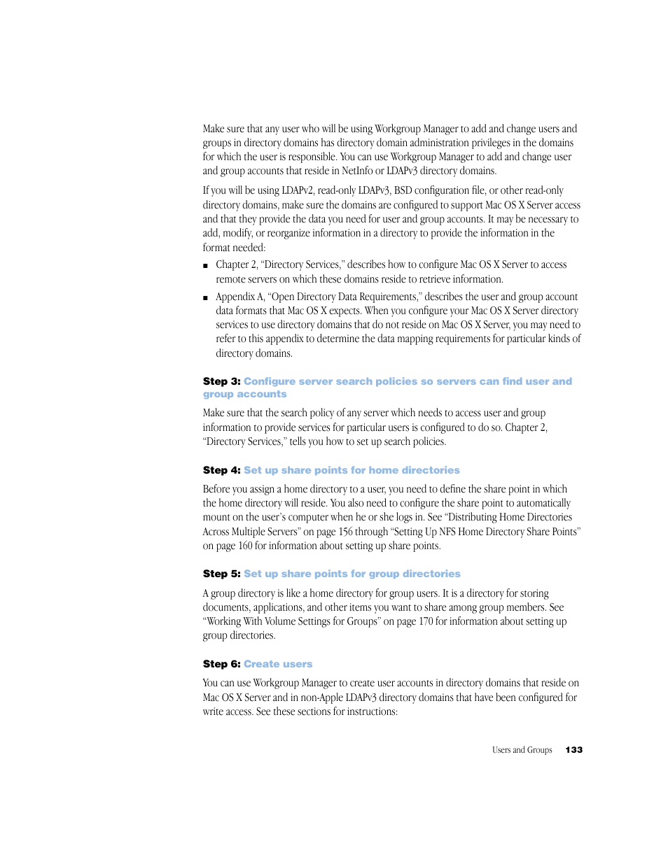 Step 4: set up share points for home directories, Step 5: set up share points for group directories, Step 6: create users | Apple Mac OS X Server (Administrator’s Guide) User Manual | Page 133 / 622