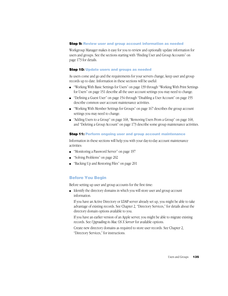 Step 10: update users and groups as needed, Before you begin | Apple Mac OS X Server (Administrator’s Guide) User Manual | Page 135 / 622