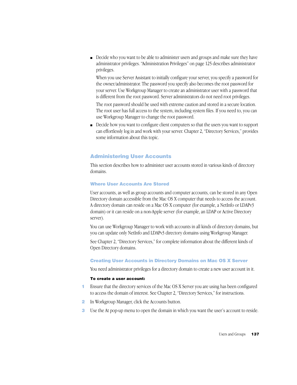 Administering user accounts, Where user accounts are stored | Apple Mac OS X Server (Administrator’s Guide) User Manual | Page 137 / 622