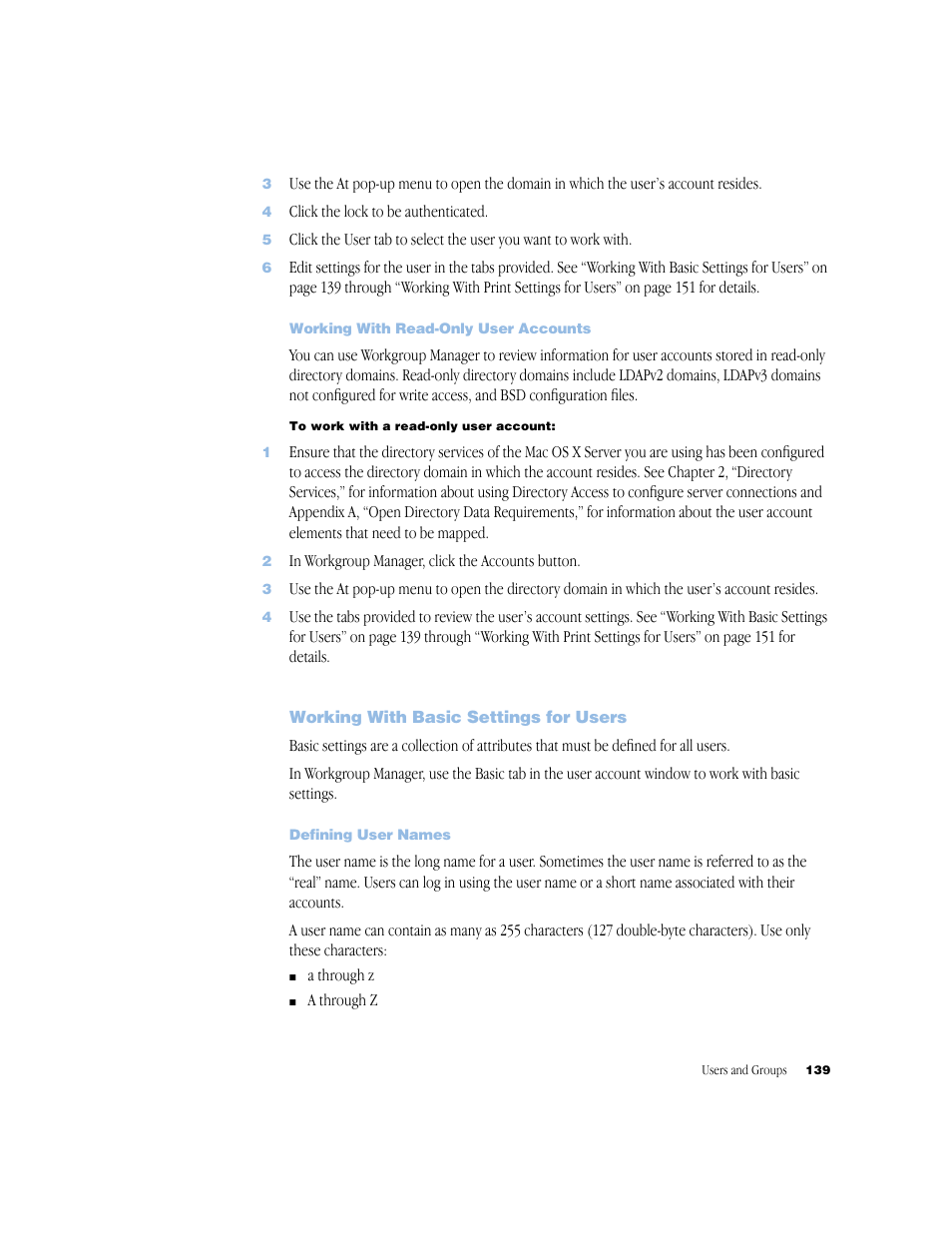 Working with read-only user accounts, Working with basic settings for users, Defining user names | Apple Mac OS X Server (Administrator’s Guide) User Manual | Page 139 / 622