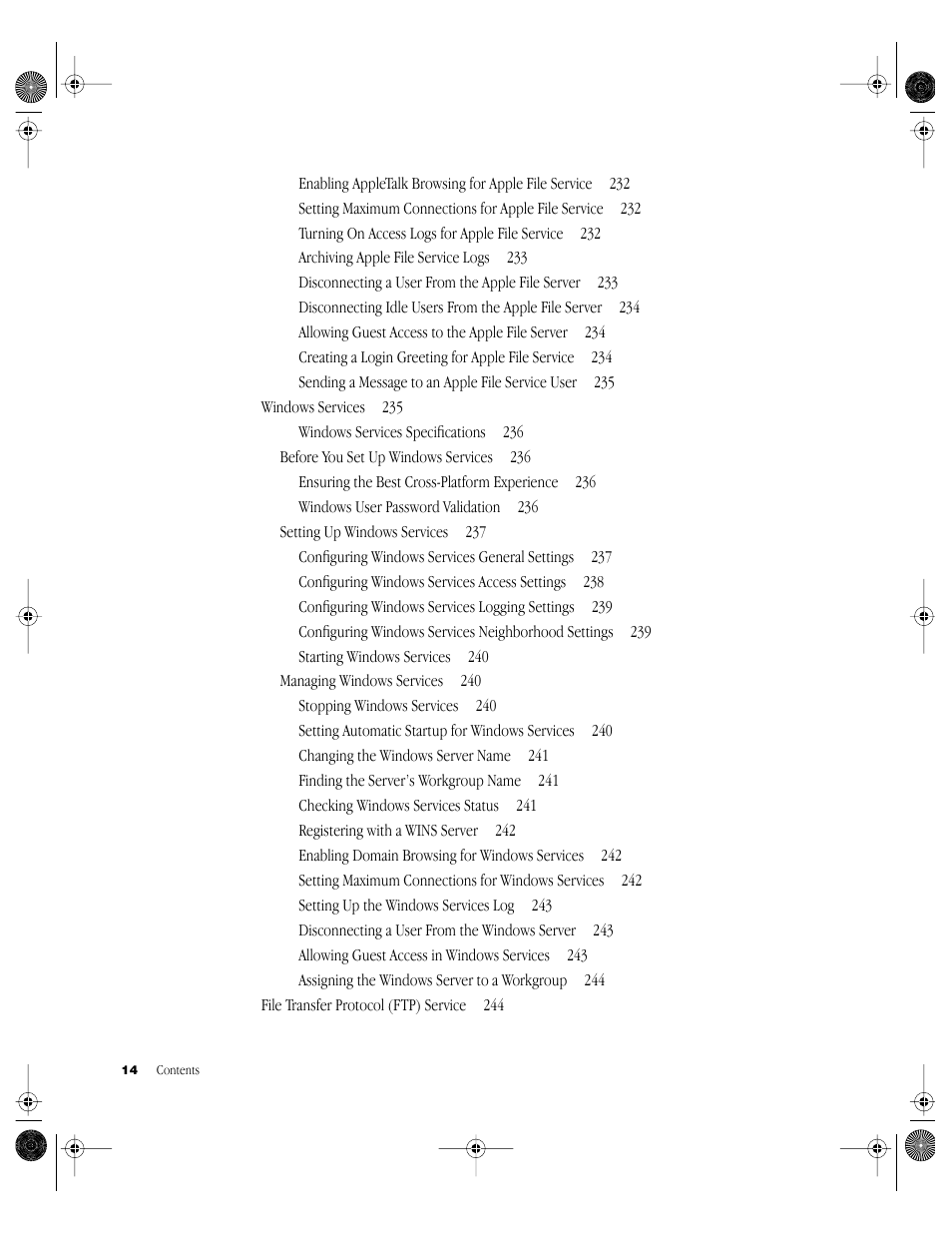 Windows services 235, Before you set up windows services 236, Setting up windows services 237 | Managing windows services 240, File transfer protocol (ftp) service 244 | Apple Mac OS X Server (Administrator’s Guide) User Manual | Page 14 / 622