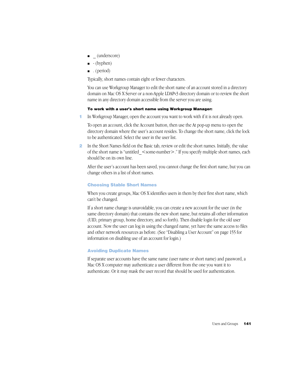 Choosing stable short names, Avoiding duplicate names | Apple Mac OS X Server (Administrator’s Guide) User Manual | Page 141 / 622