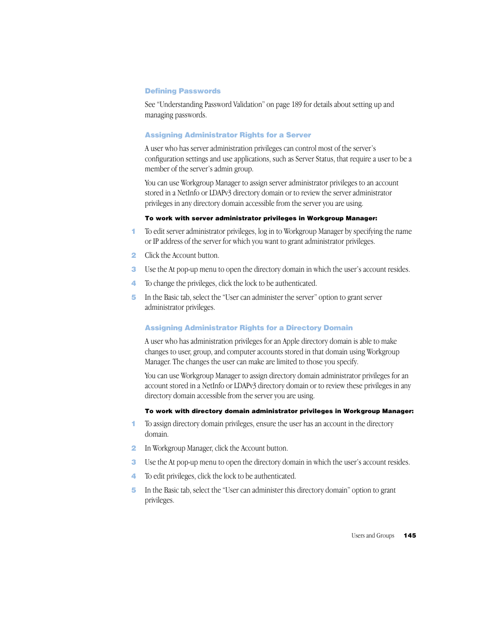 Defining passwords, Assigning administrator rights for a server | Apple Mac OS X Server (Administrator’s Guide) User Manual | Page 145 / 622