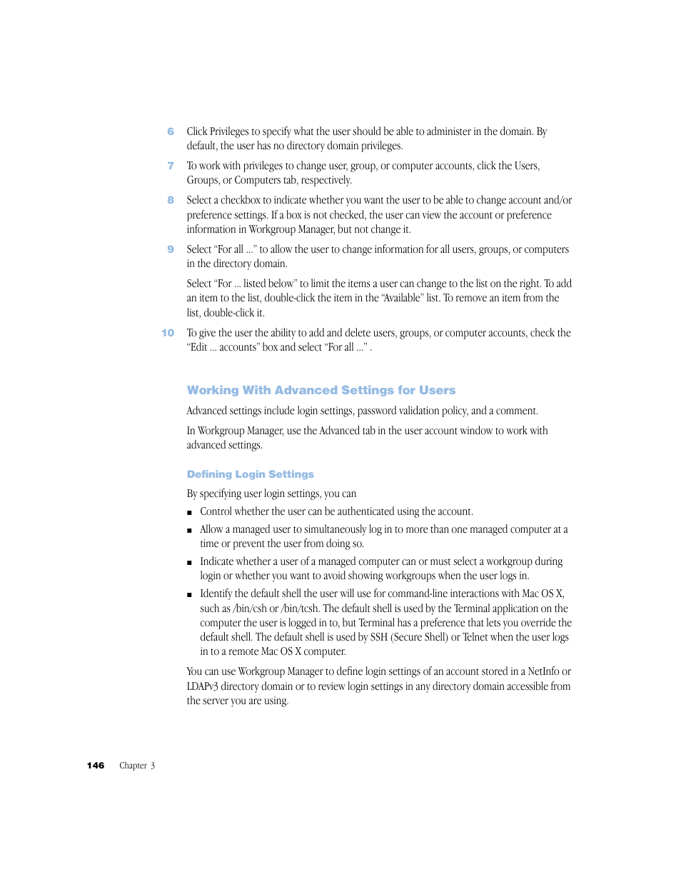 Working with advanced settings for users, Defining login settings | Apple Mac OS X Server (Administrator’s Guide) User Manual | Page 146 / 622