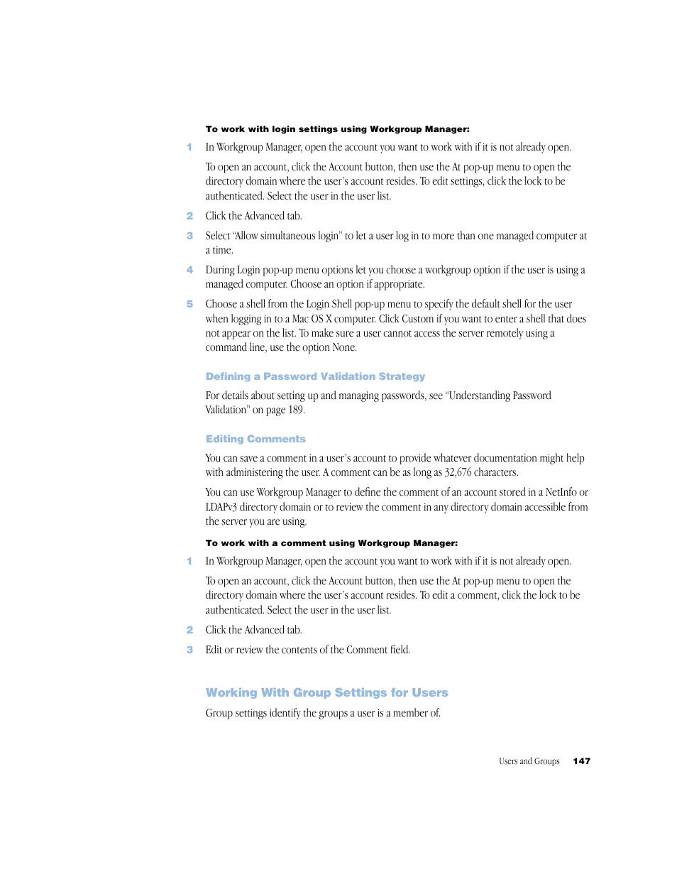 Defining a password validation strategy, Editing comments, Working with group settings for users | Apple Mac OS X Server (Administrator’s Guide) User Manual | Page 147 / 622