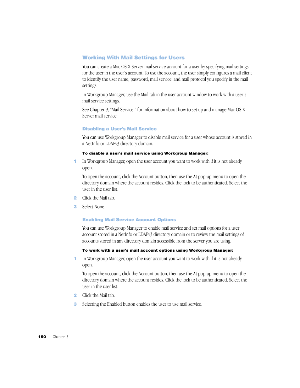 Working with mail settings for users, Disabling a user’s mail service, Enabling mail service account options | Apple Mac OS X Server (Administrator’s Guide) User Manual | Page 150 / 622