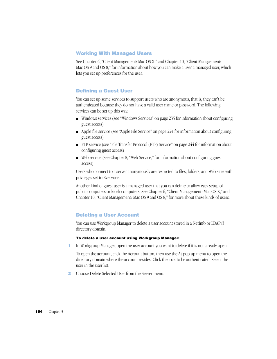Working with managed users, Defining a guest user, Deleting a user account | Apple Mac OS X Server (Administrator’s Guide) User Manual | Page 154 / 622