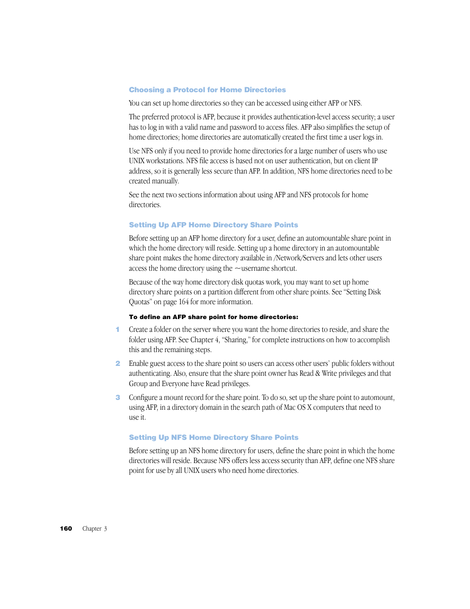 Choosing a protocol for home directories, Setting up afp home directory share points, Setting up nfs home directory share points | Apple Mac OS X Server (Administrator’s Guide) User Manual | Page 160 / 622