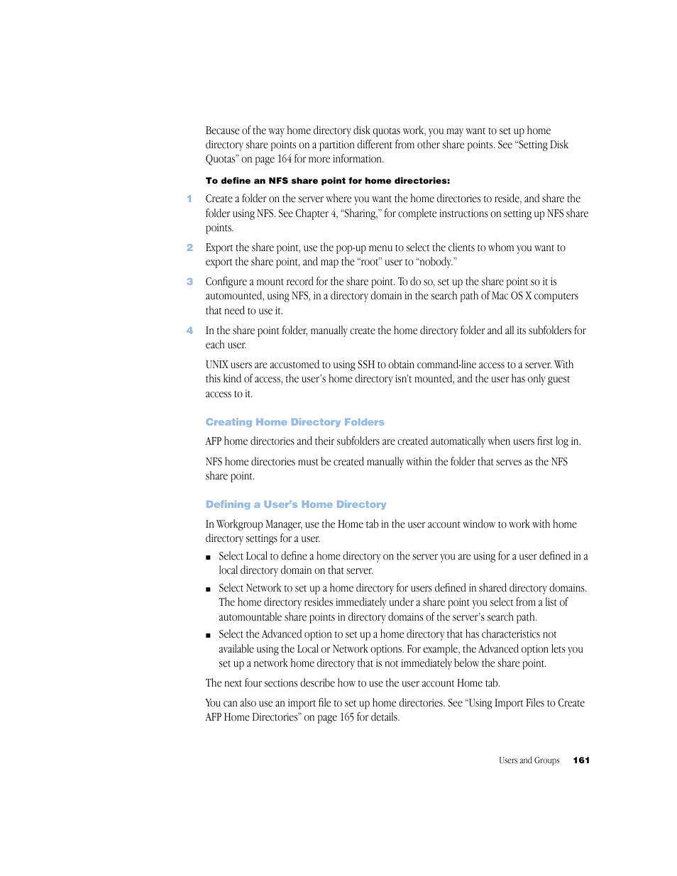 Creating home directory folders, Defining a user’s home directory | Apple Mac OS X Server (Administrator’s Guide) User Manual | Page 161 / 622