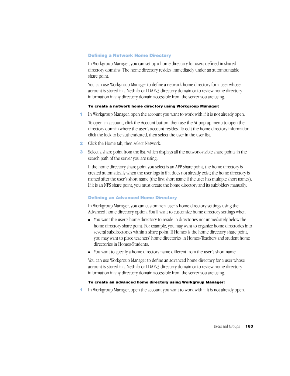 Defining a network home directory, Defining an advanced home directory | Apple Mac OS X Server (Administrator’s Guide) User Manual | Page 163 / 622