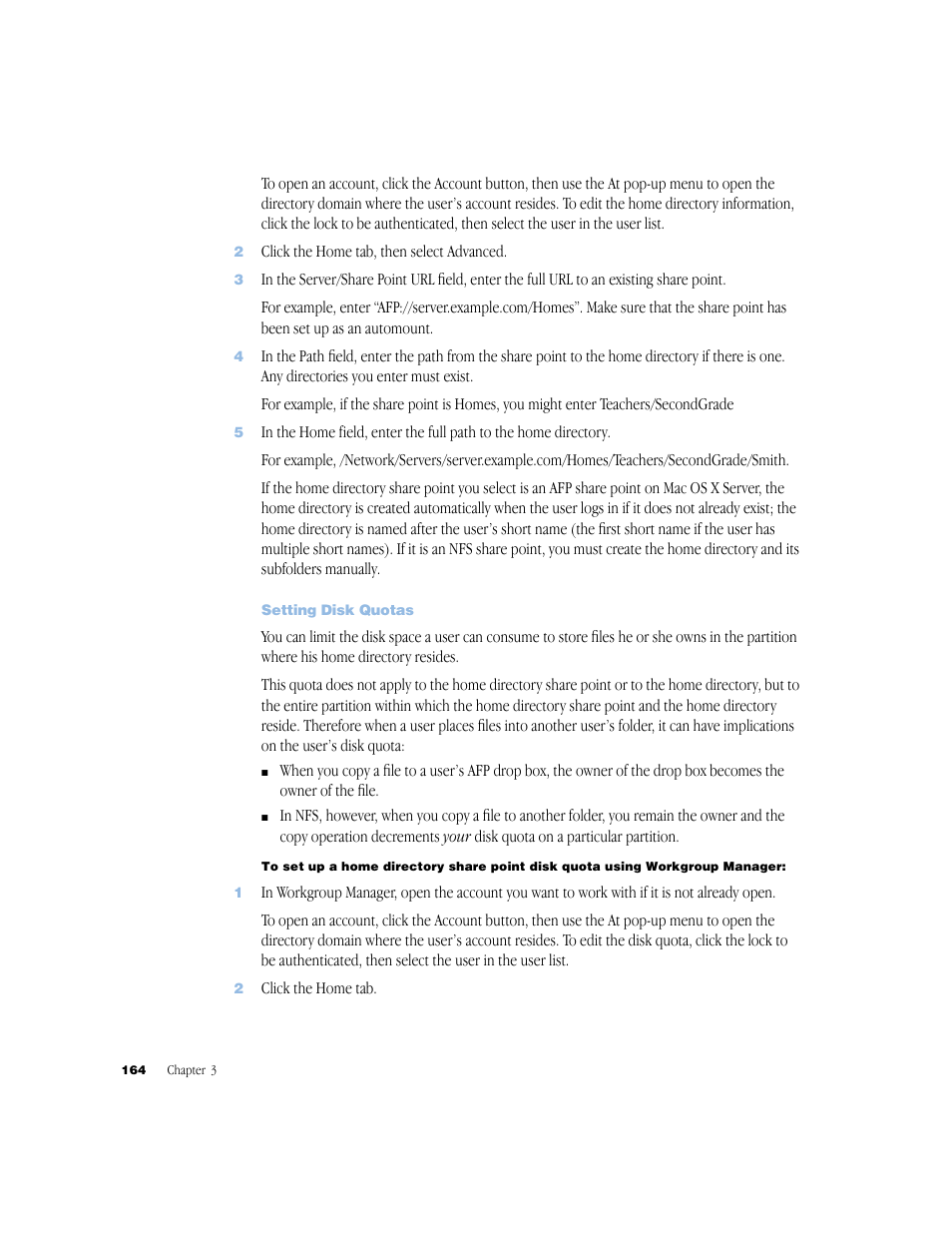 Setting disk quotas | Apple Mac OS X Server (Administrator’s Guide) User Manual | Page 164 / 622