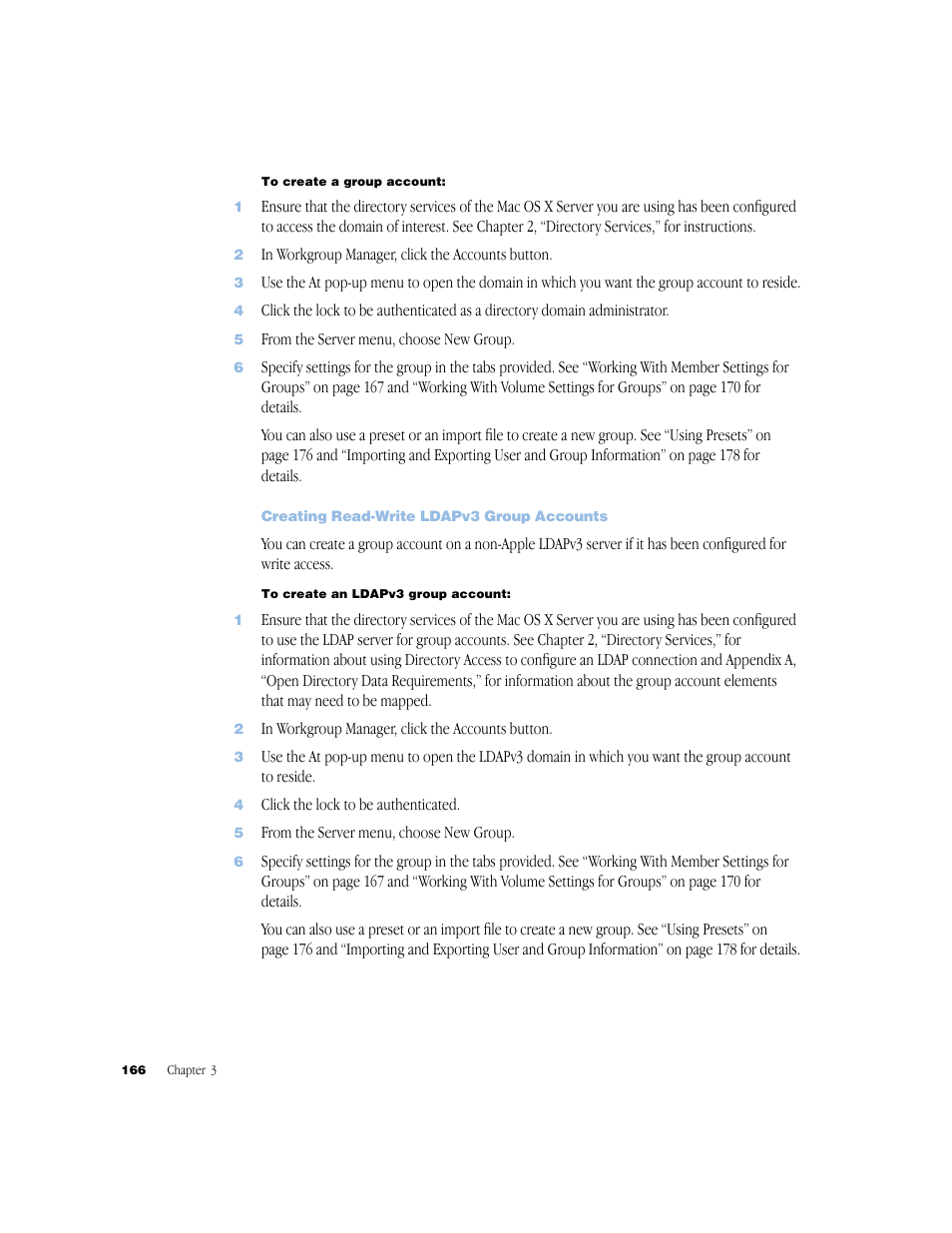 Creating read-write ldapv3 group accounts | Apple Mac OS X Server (Administrator’s Guide) User Manual | Page 166 / 622