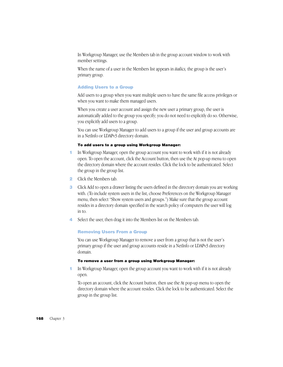 Adding users to a group, Removing users from a group | Apple Mac OS X Server (Administrator’s Guide) User Manual | Page 168 / 622