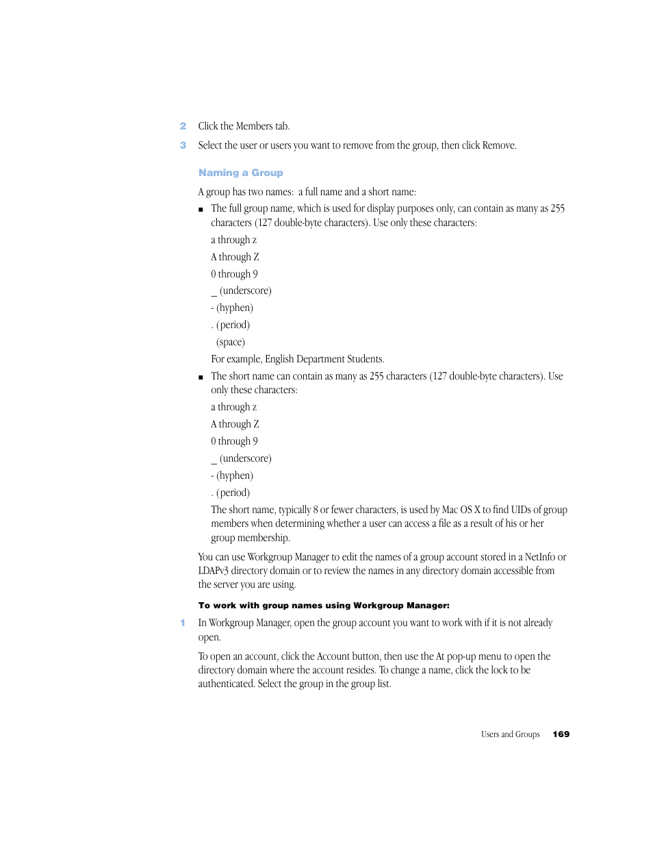 Naming a group | Apple Mac OS X Server (Administrator’s Guide) User Manual | Page 169 / 622