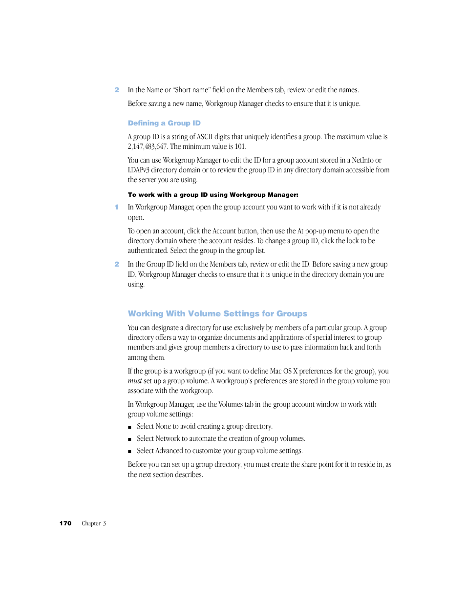Defining a group id, Working with volume settings for groups | Apple Mac OS X Server (Administrator’s Guide) User Manual | Page 170 / 622