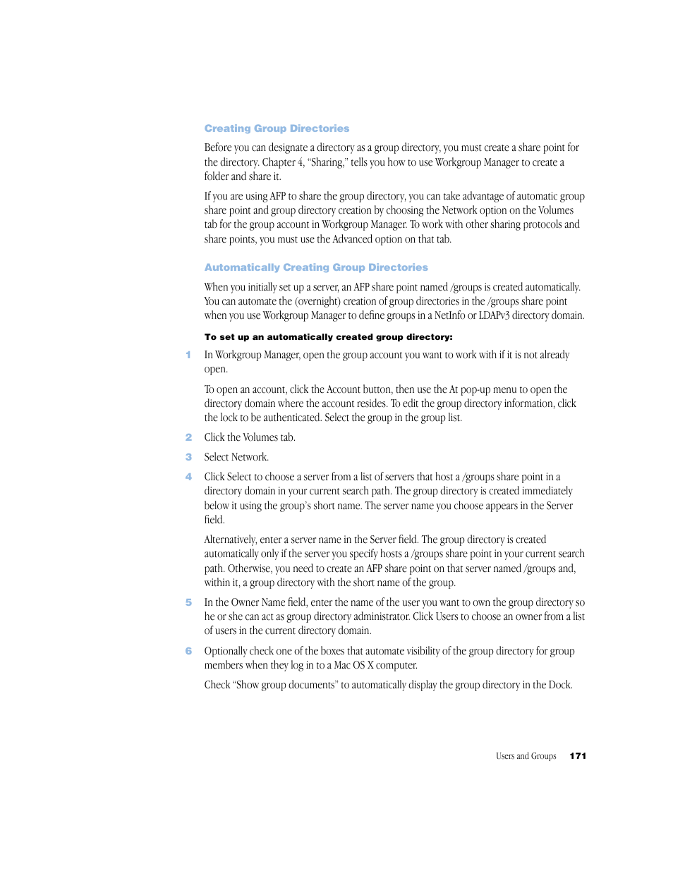 Creating group directories, Automatically creating group directories | Apple Mac OS X Server (Administrator’s Guide) User Manual | Page 171 / 622