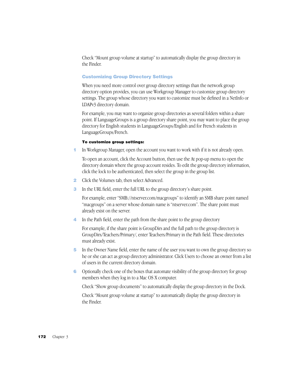 Customizing group directory settings | Apple Mac OS X Server (Administrator’s Guide) User Manual | Page 172 / 622