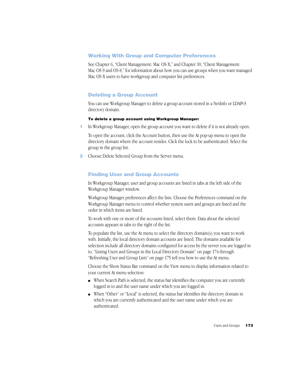 Working with group and computer preferences, Deleting a group account, Finding user and group accounts | Apple Mac OS X Server (Administrator’s Guide) User Manual | Page 173 / 622