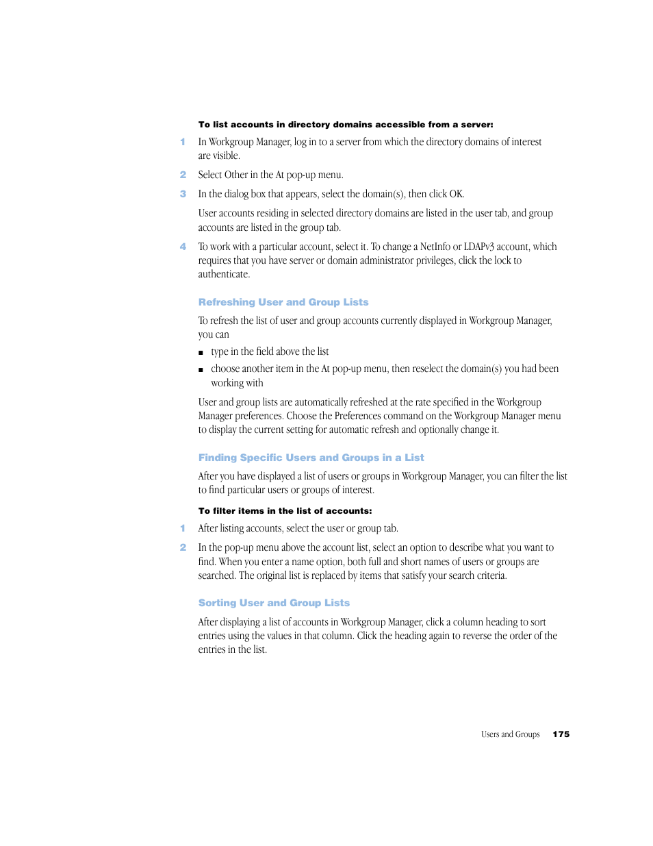Refreshing user and group lists, Finding specific users and groups in a list, Sorting user and group lists | Apple Mac OS X Server (Administrator’s Guide) User Manual | Page 175 / 622