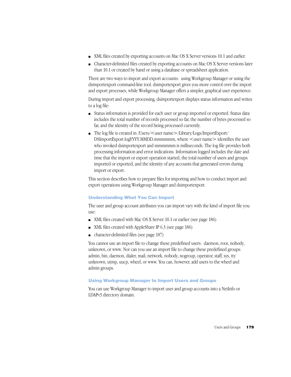 Understanding what you can import, Using workgroup manager to import users and groups | Apple Mac OS X Server (Administrator’s Guide) User Manual | Page 179 / 622