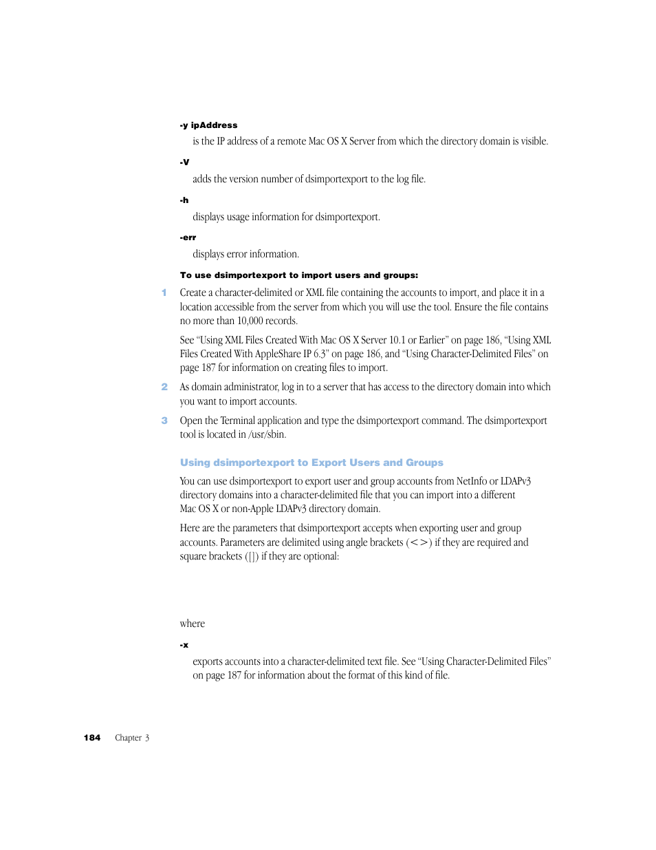 Using dsimportexport to export users and groups | Apple Mac OS X Server (Administrator’s Guide) User Manual | Page 184 / 622