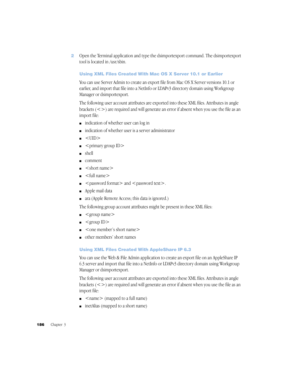 Using xml files created with appleshare ip 6.3 | Apple Mac OS X Server (Administrator’s Guide) User Manual | Page 186 / 622