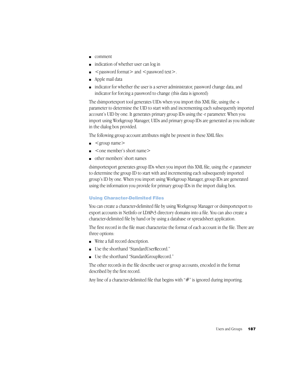 Using character-delimited files | Apple Mac OS X Server (Administrator’s Guide) User Manual | Page 187 / 622