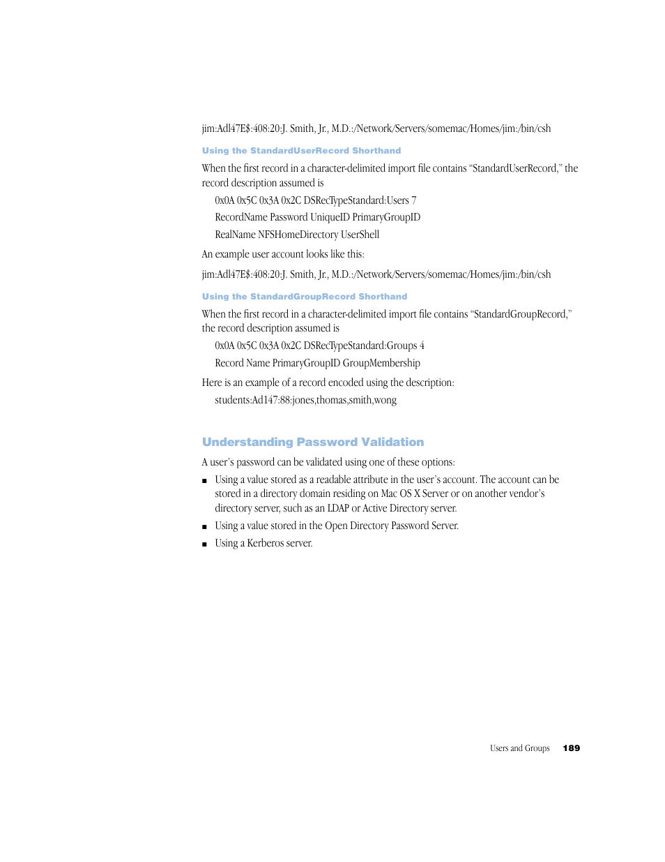 Understanding password validation | Apple Mac OS X Server (Administrator’s Guide) User Manual | Page 189 / 622