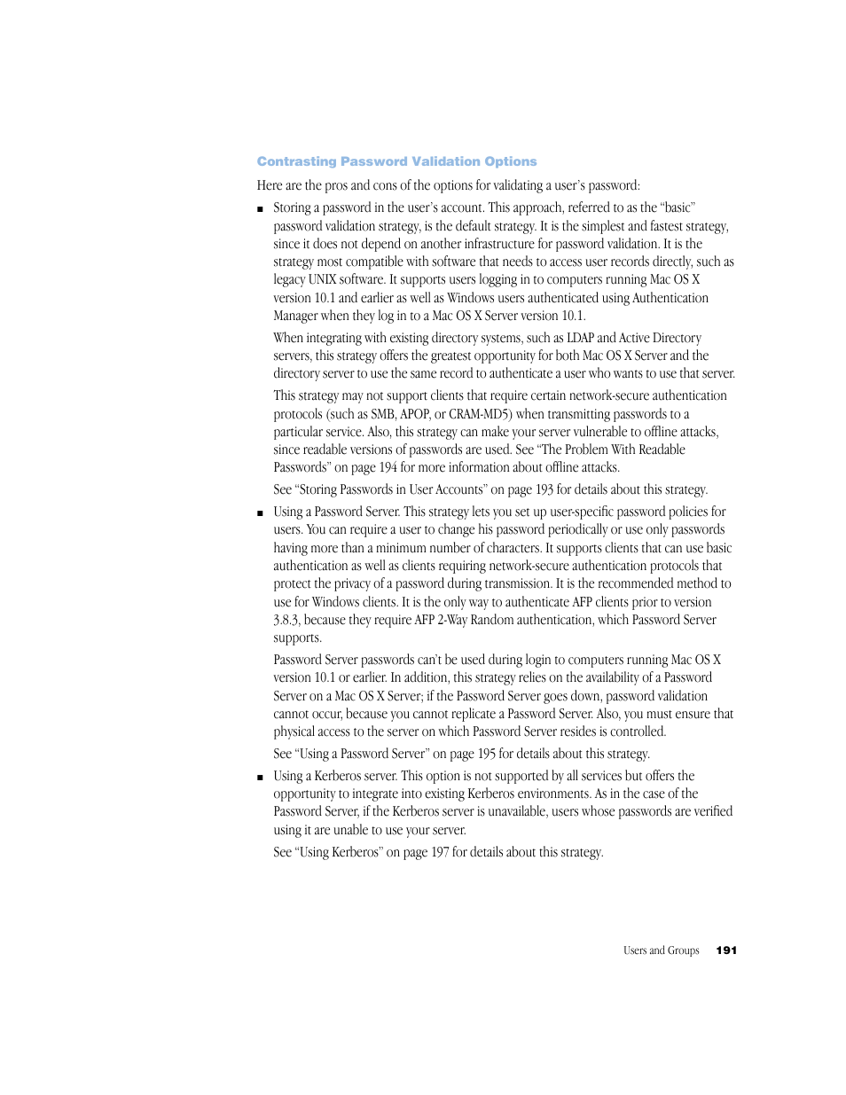 Contrasting password validation options | Apple Mac OS X Server (Administrator’s Guide) User Manual | Page 191 / 622