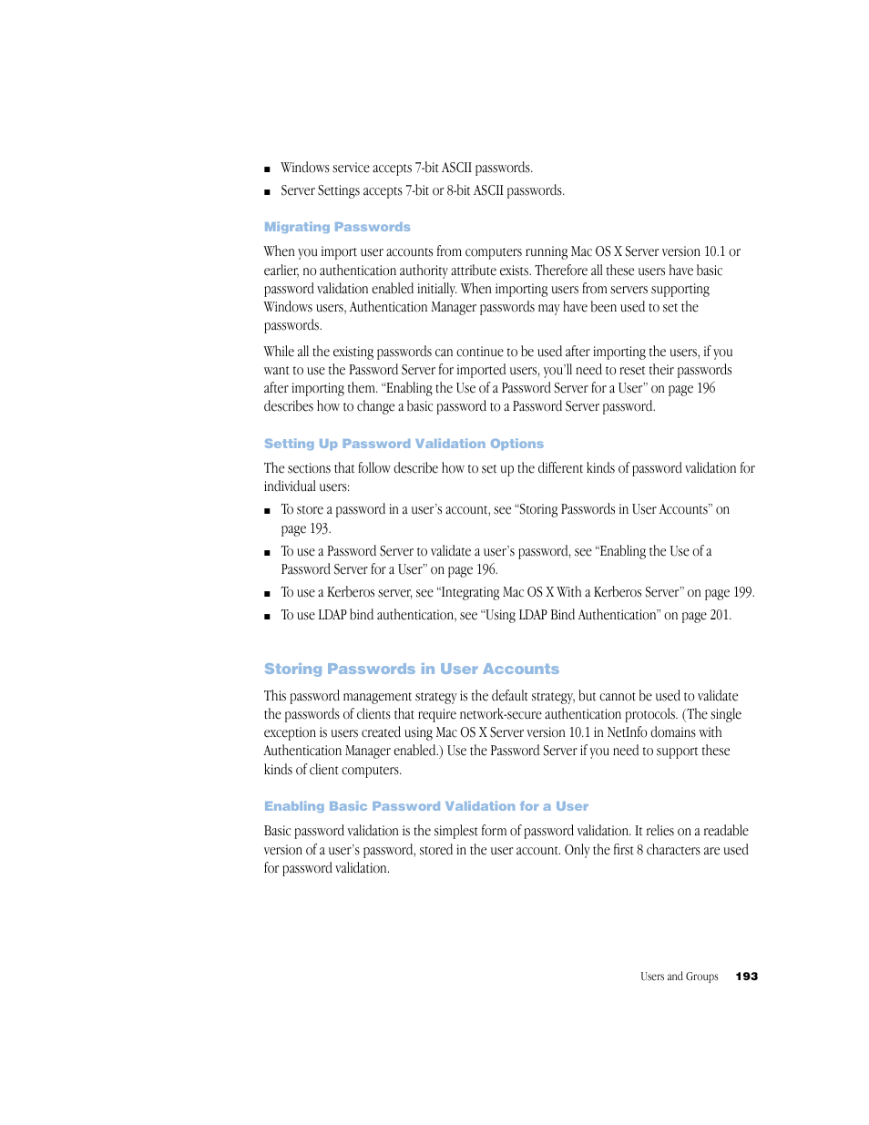 Migrating passwords, Setting up password validation options, Storing passwords in user accounts | Enabling basic password validation for a user | Apple Mac OS X Server (Administrator’s Guide) User Manual | Page 193 / 622