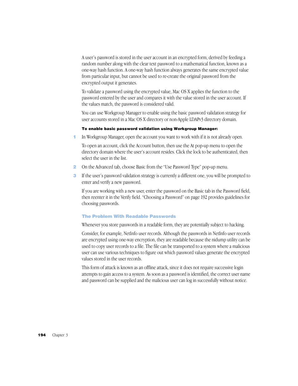 The problem with readable passwords | Apple Mac OS X Server (Administrator’s Guide) User Manual | Page 194 / 622