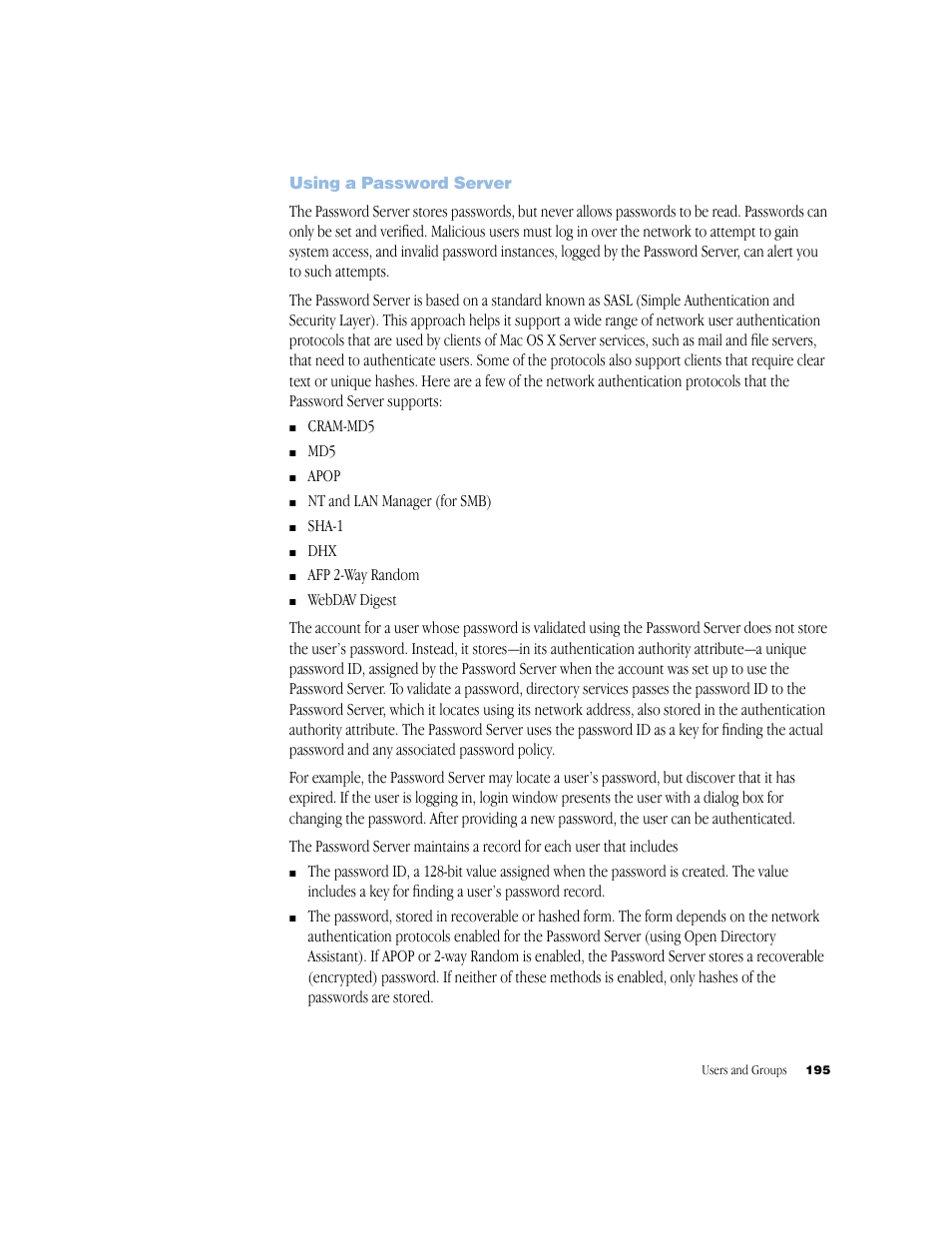 Using a password server | Apple Mac OS X Server (Administrator’s Guide) User Manual | Page 195 / 622