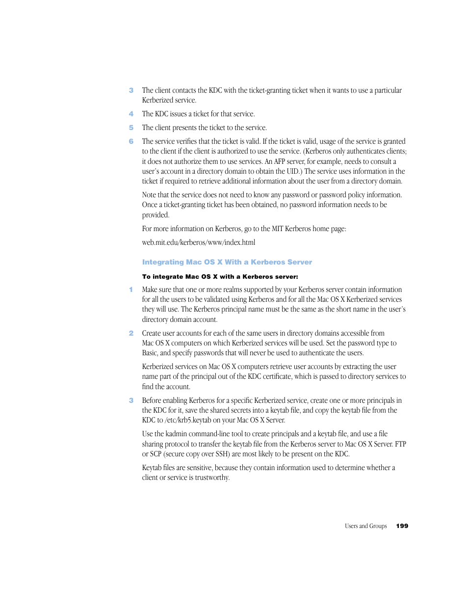 Integrating mac os x with a kerberos server | Apple Mac OS X Server (Administrator’s Guide) User Manual | Page 199 / 622